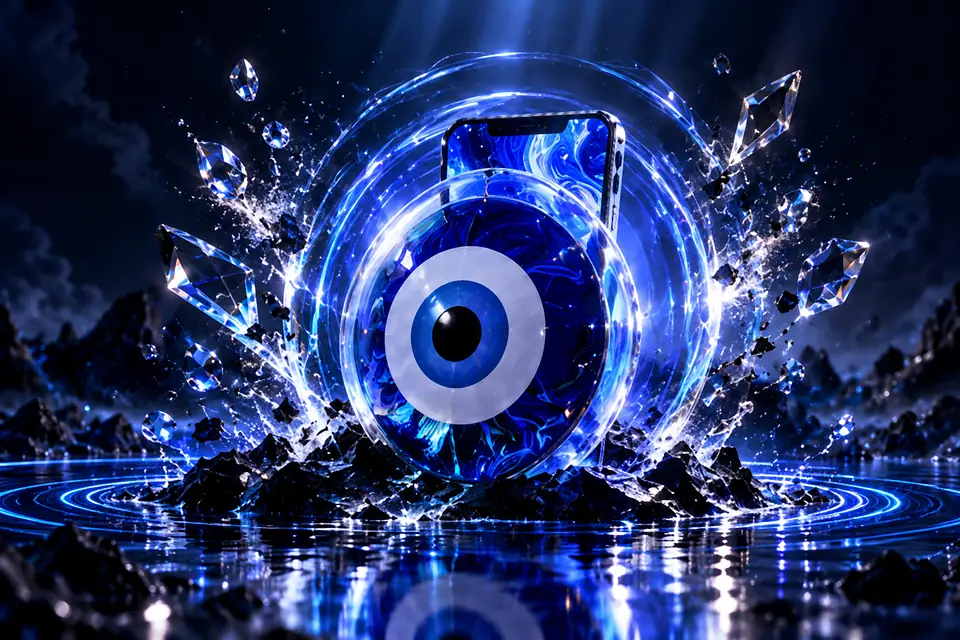Dev nazar boncuğu kalkanının ardında korunan telefon — Casibom güvenlik